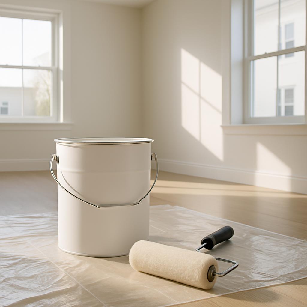 paint can and roller on drop cloth, room with large windows, wooden floor.