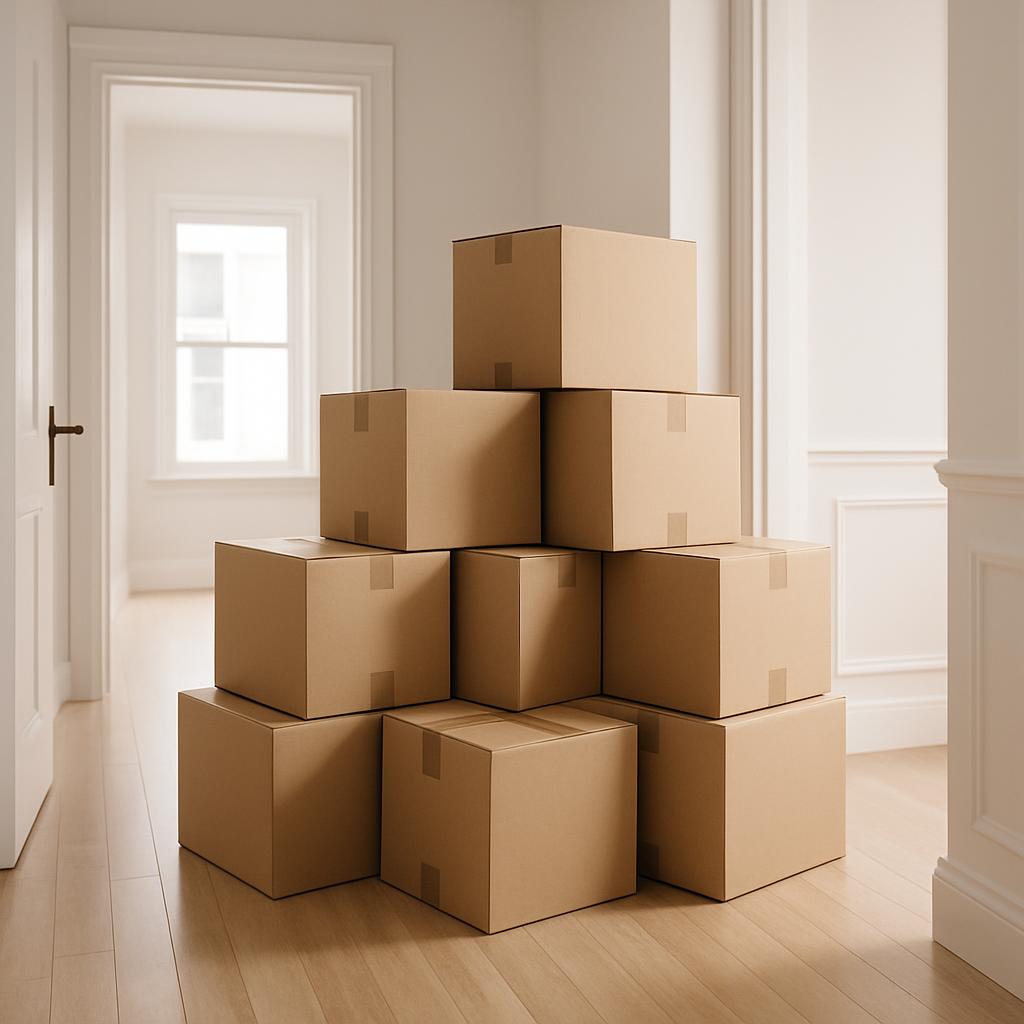 white room with stacks of brown cardboard boxes
