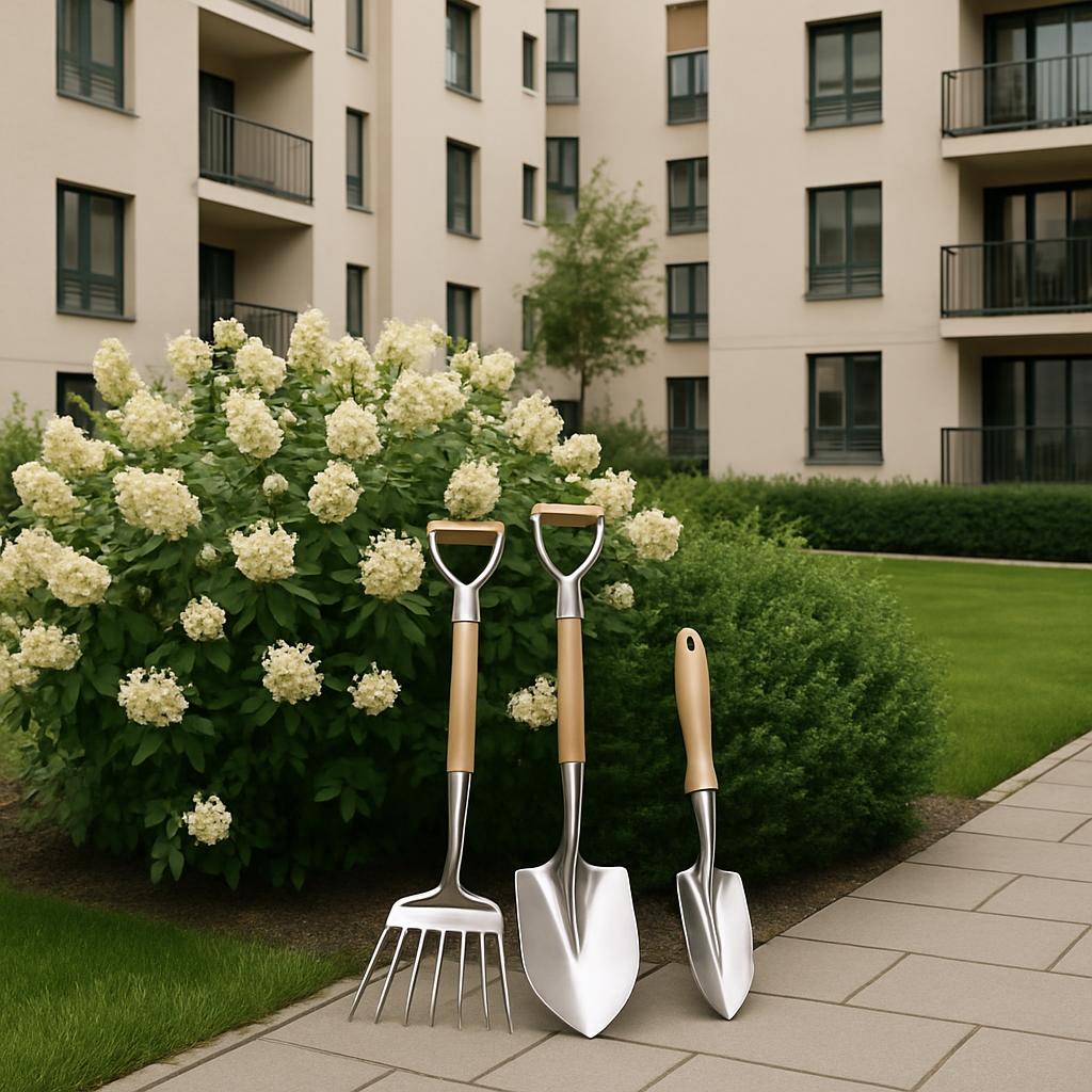 (Part of the image is cropped.) An arrangement of a garden spade, a fork shovel, and a chitin shovel with light colored ha...