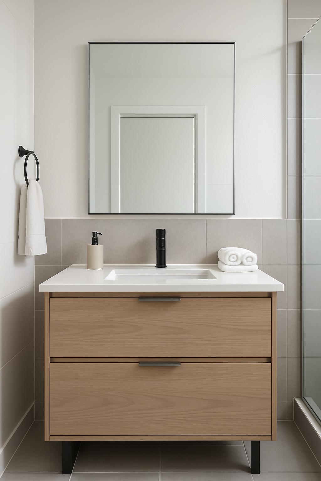 A bathroom with a white and light wood tone, featuring a sink, mirror, drawers, and a towel rack mounted on the wall. The ...
