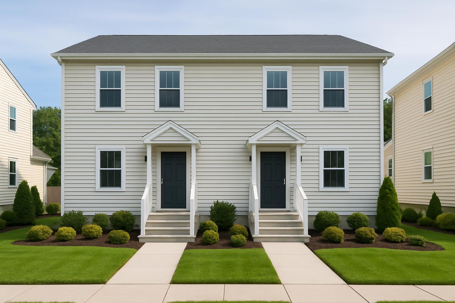 Two-story duplex house with two front doors and small neatly landscaped garden along the front of both.