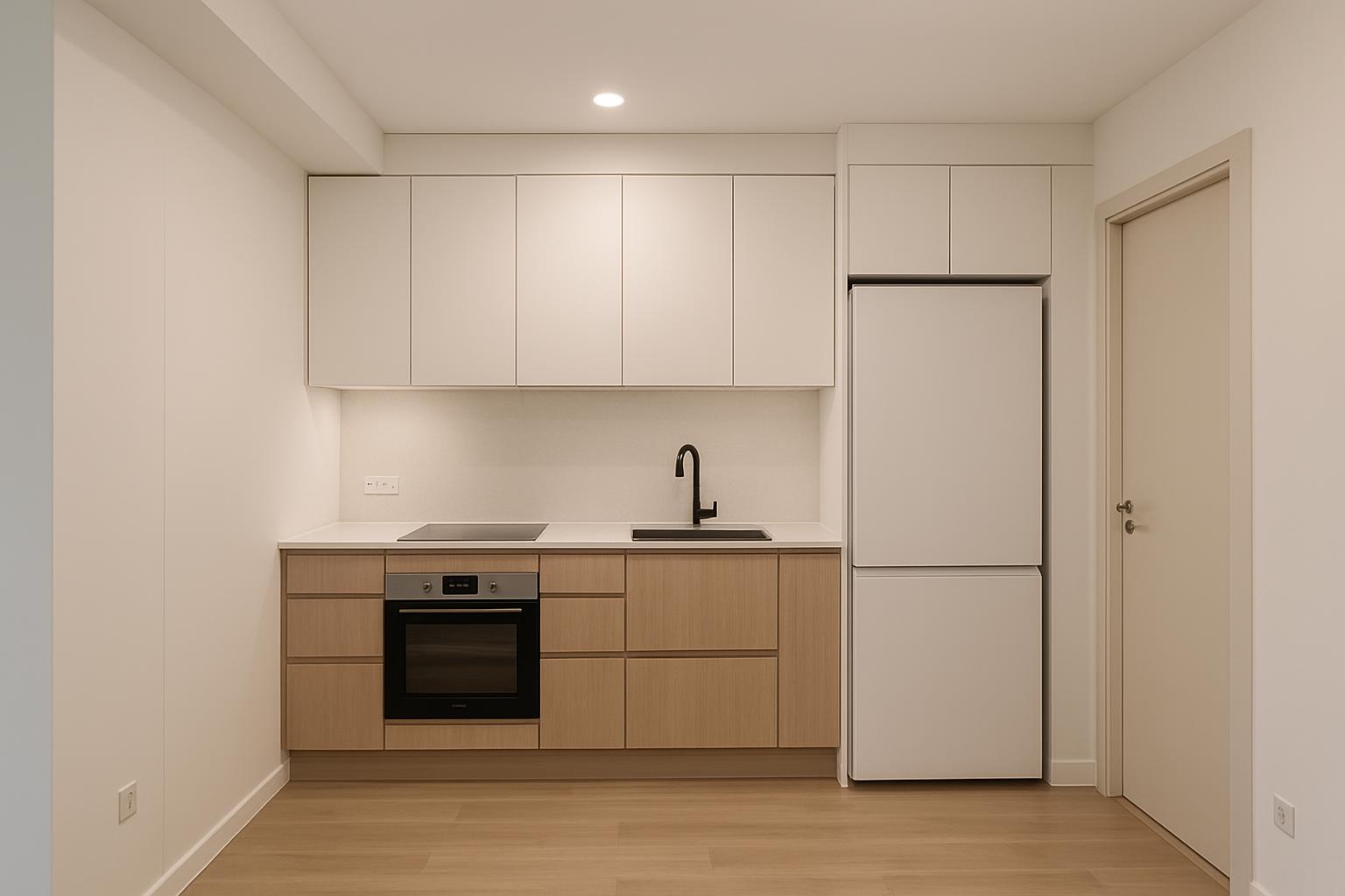 A sleek, modern kitchen in a small apartment. Kitchen is equipped with white cabinets, dishwasher, oven, white countertop ...